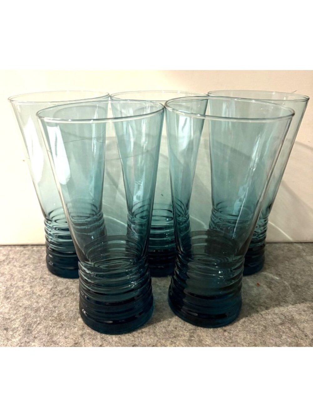 Set of 5 Vintage Libbey Nexus Blue Tumblers w/ Rippled Base 6.75" Tall  # 3364